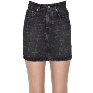 Balenciaga Stone Wash Black Allover Logo Denim Skirt